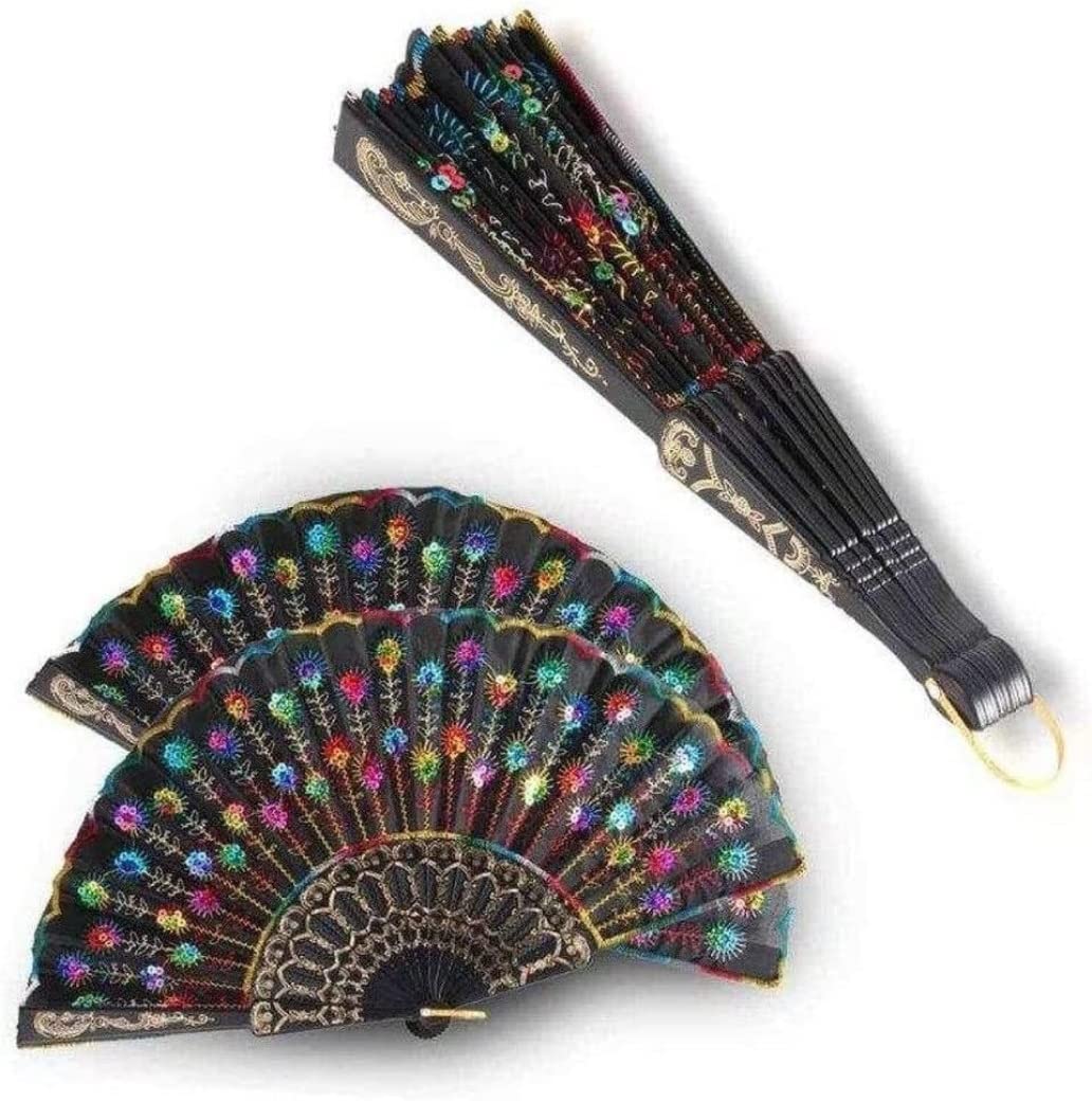 Abanico Banquete De Boda Verano 2 Uds Abanicos Plegables para Mujer, Elegante Colorido Bordado Pavo Real Patrón Tela De Lentejuelas Abanico Mano