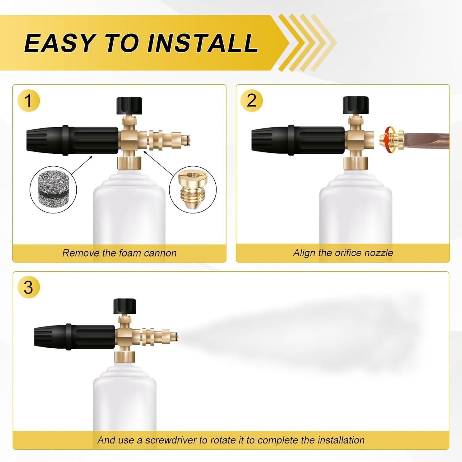 M METERXITY 1-Set Orifice Foam Cannon Nozzle and Foam Maker Meshes Kit, 1.2mm Copper Replacement Thread Nozzle Tips and Three Layer Mesh Filter for Cleaning Vehicles/Boats/RVs image 5