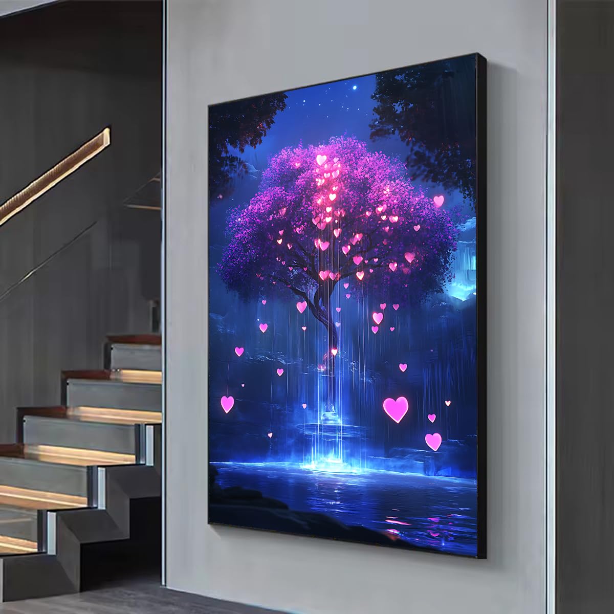 Via Vela Arbre romantique Toile Art mural Fantasy Paysage nocturne Affiches Peinture Amour Coeur Impressions Paysage mystique Murale Oeuvre pour salle d’étude Décor 80x120cm avec cadre noir