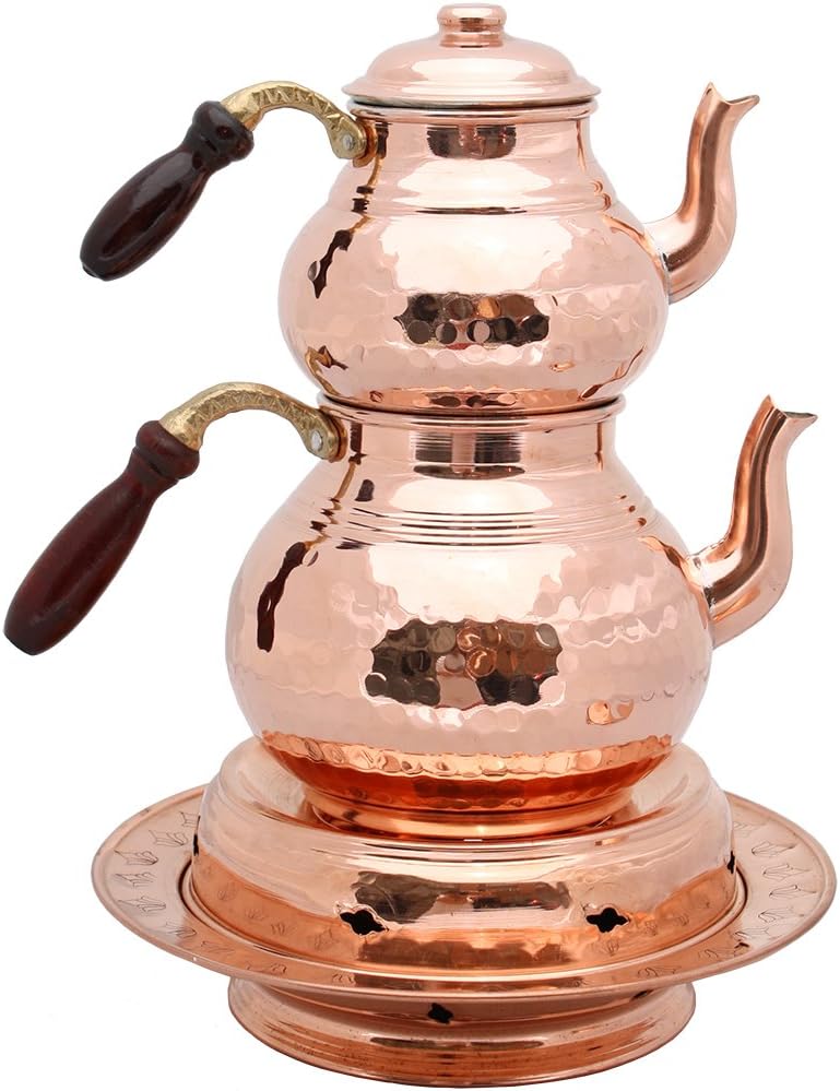 Set of 2 Copper Teapots with Lids and Wood Handle, Teapot Warmer, Copper Heater, Copper Teapots, Hammered Copper Tea Pot, Turkish Tea, Copper Pot, Samovar