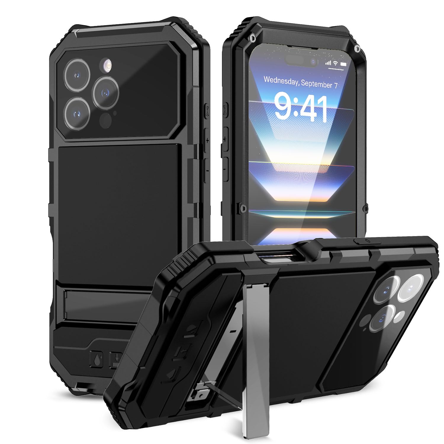W WINTMING Metal Case for iPhone 16 Pro Max with Screen Protector Kickstand Military Grade Case Rugged Heavy Duty Aluminum...
