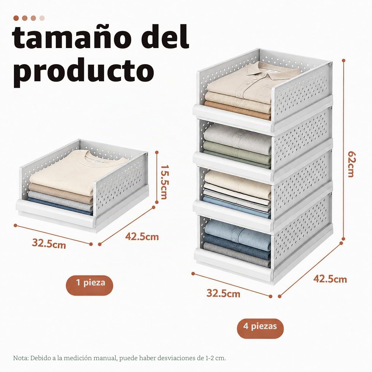 RMAN® Organizador Armario Plegable, 4 Unidades, Blanco | Almacenaje Ropa, Cajones Apilables de Plástico, Sistema Extraíble de Guías Deslizantes Independientes, Para Dormitorio, Baño