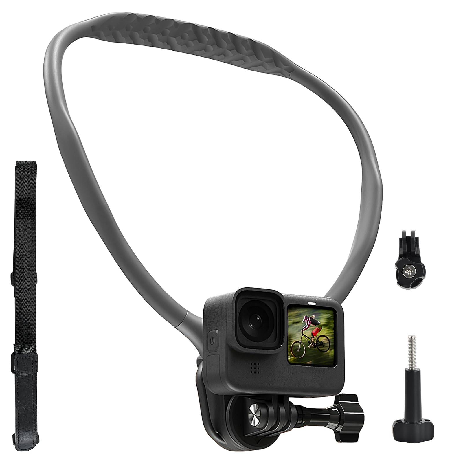Elastyczna podpórka na szyję, uprząż do kamer akcji, kompatybilna z GoPro, DJI Osmo Action, Insta360 i innymi, akcesoria typu Neck Mount, kolor szary i czarny