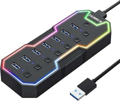 ZIUMIER Hub USB 3.0, expansor USB de 7 puertos con tira LED RGB, concentrador USB para laptop, interruptores LED individuales de encendidoapagado