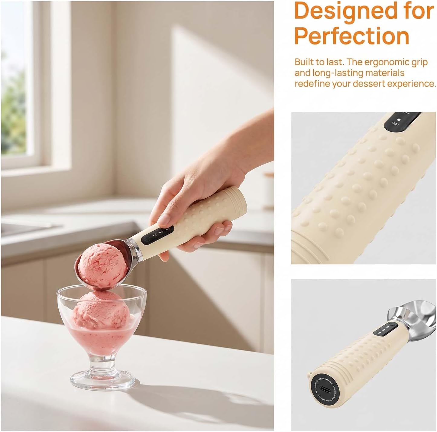 2-Pack Heated Ice Cream Scoop Spoon Set - Electric Scoopers with 3 Heat Settings 120/140/160℉, LED Indicators, 2600mAh Battery for Hard Frozen Desserts (Black+Brown)