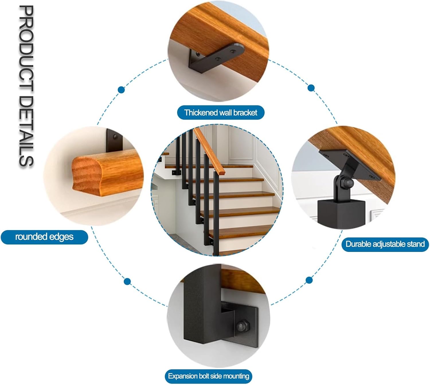 Transitional Hand Railings for Concrete Steps Outdoor, Home Garden Lofts Decking Rails, Black Metals Wrought Iron Stair Railing Front Porch Safety Hand Rail with Post Solid Wood Ha