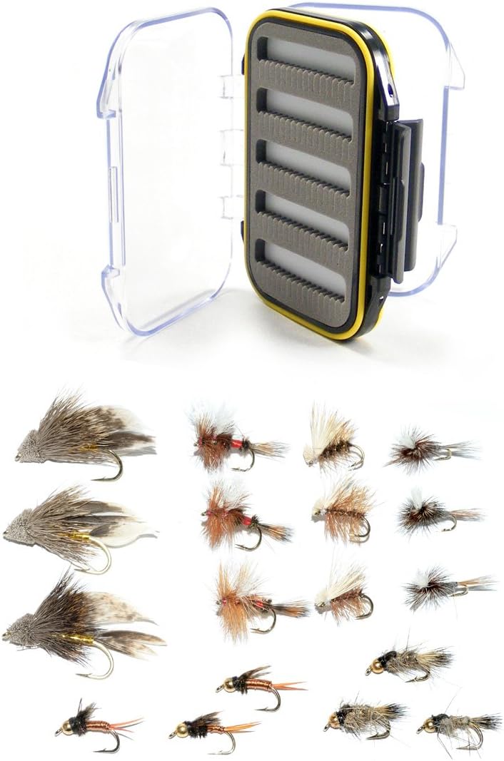 The Fly Fishing Place Waterproof Fly Box and Trout Fly Starter Assortment - Collection of 18 Flies for Trout Fly Fishing - Beginners Fly Selection
