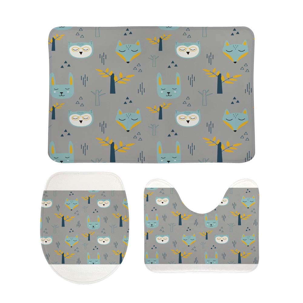 Tapis de salle de bain lavable animaux de la forêt lot de 3 anti-glisse sol