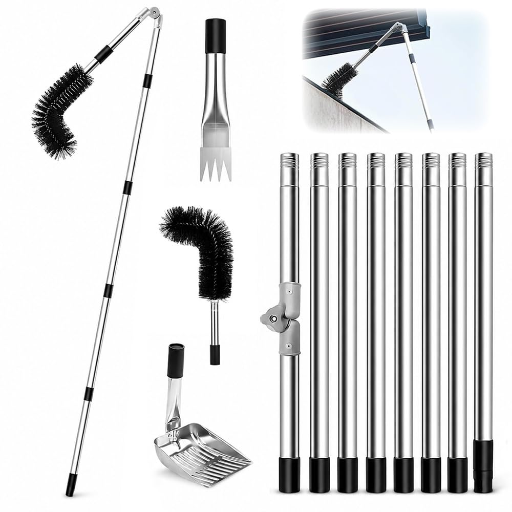 SGZIOO 12PCS Gutter Cleaning Tools, 4M Telescopic Gutter Cleaner with Adjustable Angle Pole Gutter Brush Scoop, Extendable Gutter Cleaning Pole, Gutter Cleaning Equipment for Removes Leaf Debris Ditch