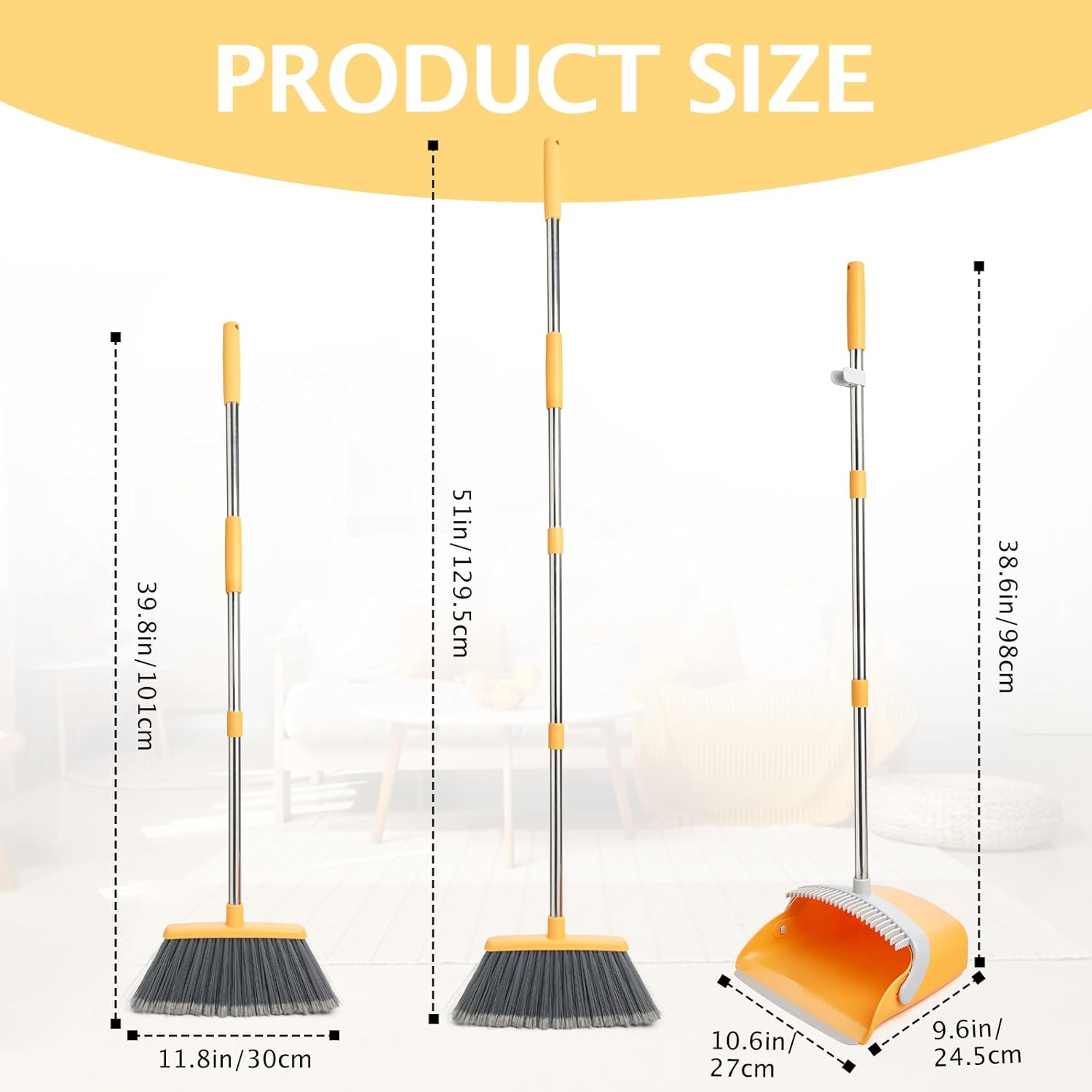 Broom and Dustpan Set, Dustpans with Broom Combo for Home, Heavy Dust Dustpan and Broom Combo, Long Handle Dust Pan and Broom Set for Kitchen, Office, Pet Hair(Gray Yellow) - Image 2