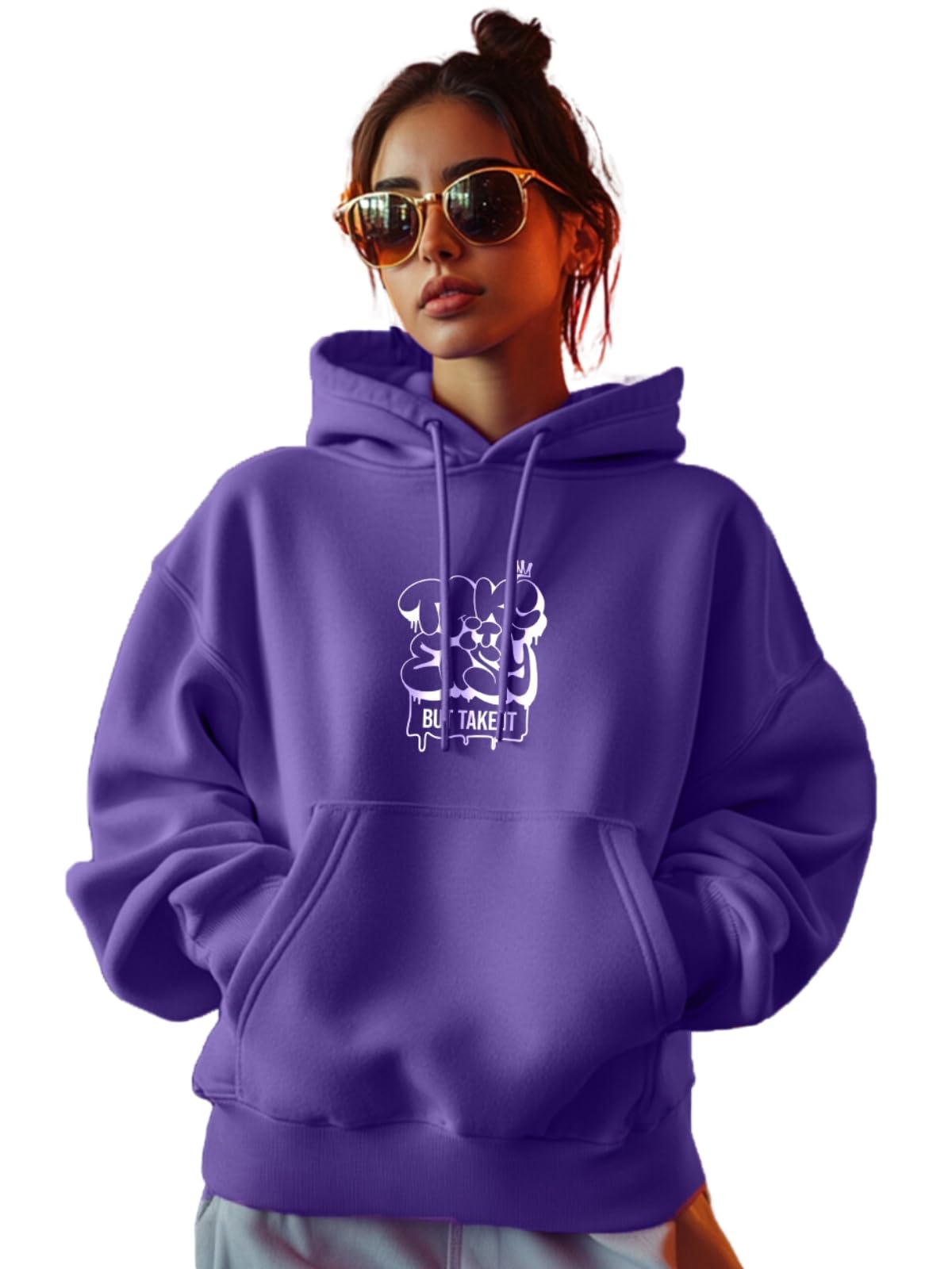 juneberry Cotton Poly Fleece Oversized Fit Black, Green, Magenta, Mustard, Orange, Purple, Blue, Off White & Grey Graphic Printed Full Sleeve Hoodie for Women-picture-34