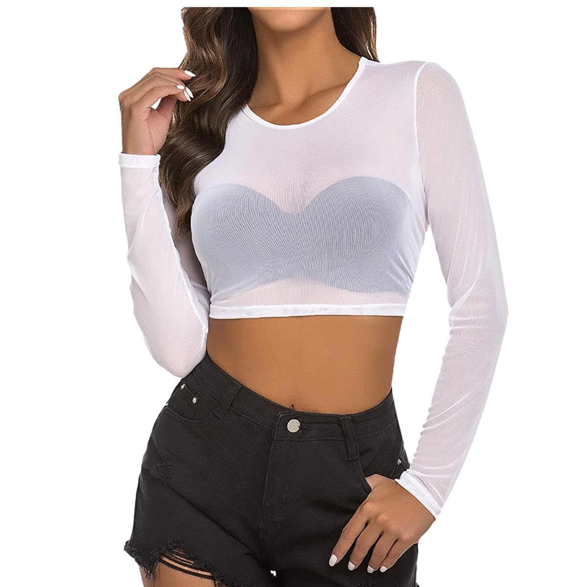 Toukingda Women's White Fishnet Top, Sexy 80S Sheer Fishnet See Through Casual Shirts, Long Sleeve Hollow Out Fishnet Tank Tops Mesh Tight Shirt For Streetwear Disco Retro Halloween Funky Festival Fancy Costumes