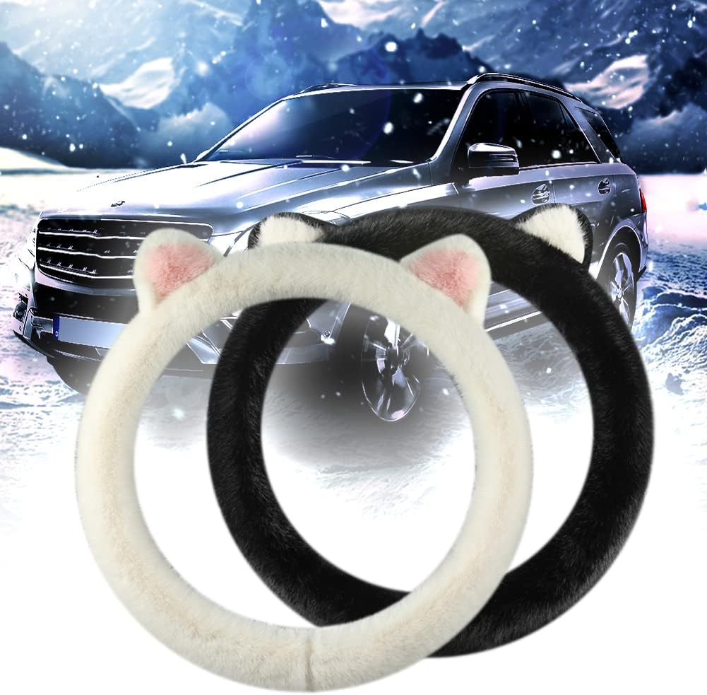SEADEAR Imitation Rabbit Velvet Cat Ears Winter Warm Auto Car Steering Wheel Cover Non-Slip Universal Cat Ear Plush Steering Wheel Cover