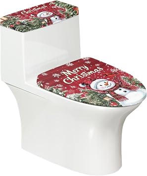 Christmas Snowman Toilet Lid and Tank Cover Sets Red 2 Piece for Bathroom Set Round Oval Warm Seat Cover for Holiday Decoration