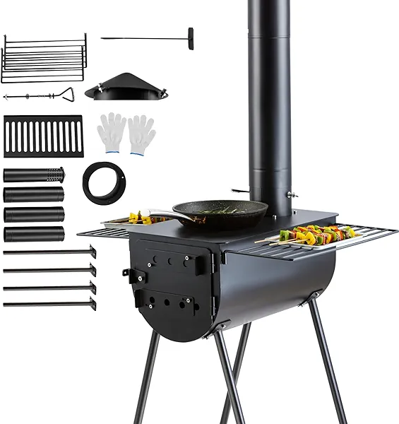 VEVOR 118" Camping Wood Stove, Portable Alloy Steel Tent Stove with 3000in³ Firebox, Outdoor Heating & Cooking Stove with Chimney Pipes & Gloves, Includes 8 Pipes for Efficient Heating