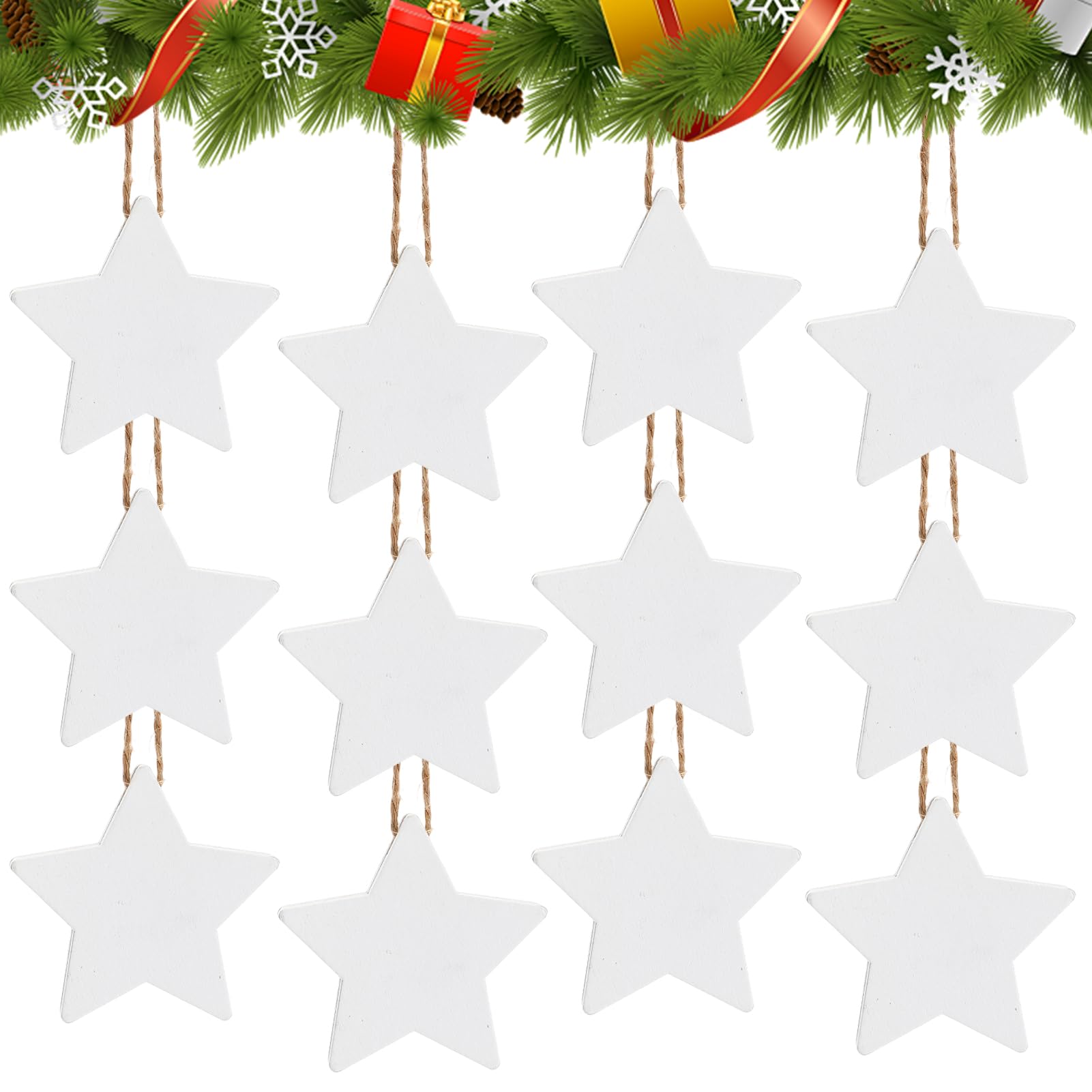 12 Pcs Hanging Christmas Star Farmhouse Decor - 2.4'' White Wooden Rustic Ornaments with String, Vintage Decoration for Tree Garland Home Gift