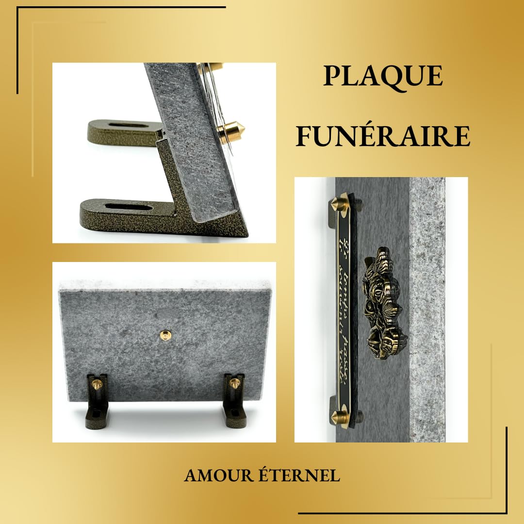 Plaque Funéraire en Granit Gris 18 x 12 cm – Plaque Commémorative Élégante avec Fleur Dorée – Ornement Funéraire Résistant aux Intempéries – Hommage Durable pour Sépulture (GRIS)