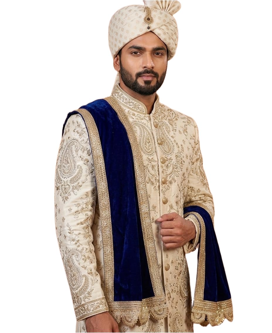Men's Narrow Stole Dupatta in velvet With Cutwork Border for Kurta/Sherwani/Achkan/Suit (length-2.25m, Width -37cm) Pack of 1
