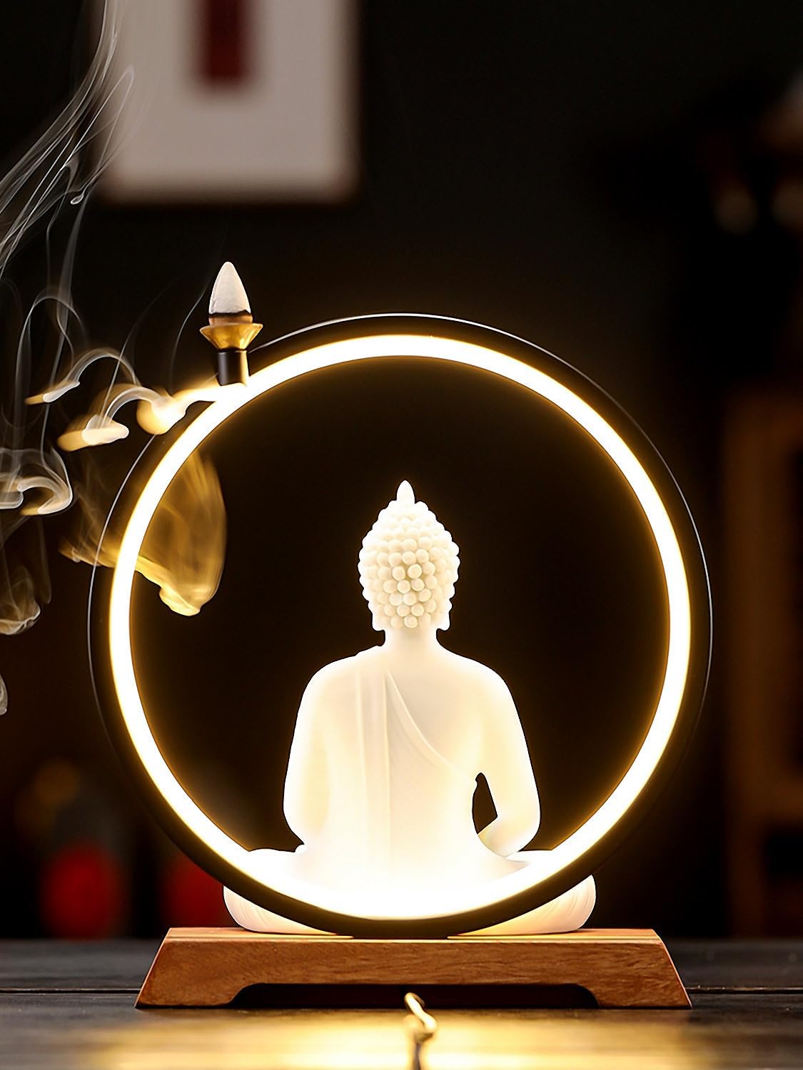 8.8 Inch LED Buddha Statue for Indoor, White Ceramic Small Buddha Statue with LED Light for Home Decor