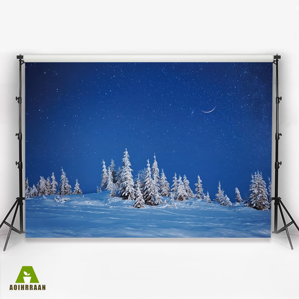 Aoihrraan 2,2x1,5m Winter Forest Backdrop Snowfield Snow Covered Fir Pine Tree Forest Cold Frost Starry Sky Natural Scenery Photography Background Baby Shower Girl Boy Kids Portrait Photo Studio Props - Image 3