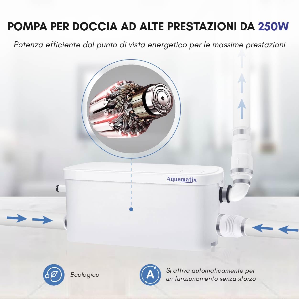 Aquamatix Pompa Doccia 250W Trituratore Pompa Maceratore 8m Distanza di pompaggio verticale 100L/min per docce, lavandini 2 ingressi