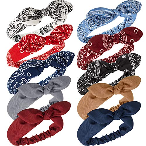 10 Pieces Bandana Knot Headbands Paisley Bow Boho Bandana Headwrap Solid Colors Headbands Rabbit Ear Hairband Elastic Turban Hair Band for Women Girls
