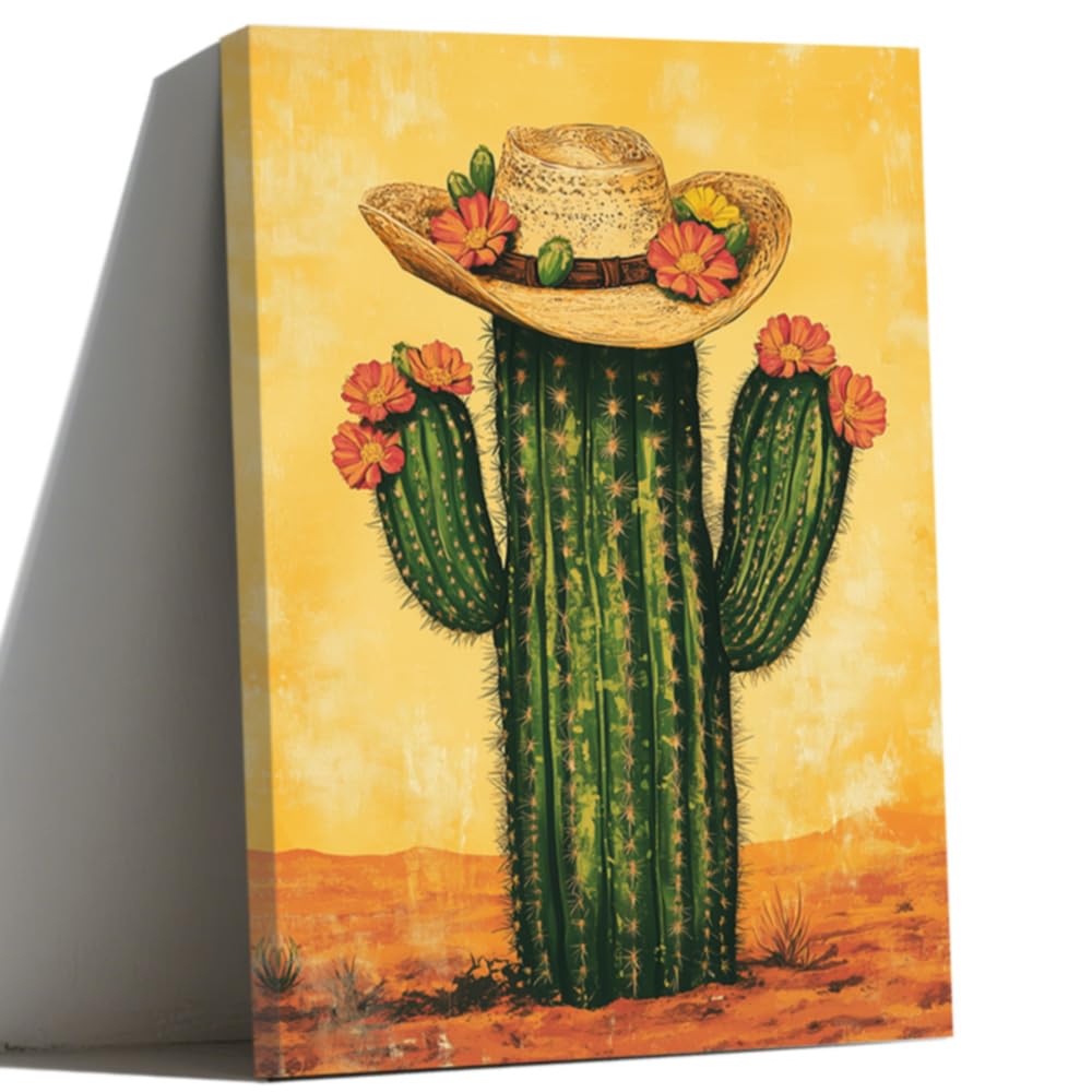 LMYSXAOZ Mexican Cactus Canvas Wall Art Framed Saguaro Picture with Cowboy Hat Painting Prints Southwestern Desert Succulent Boho Living Room Decor (yellow,50x75cm)