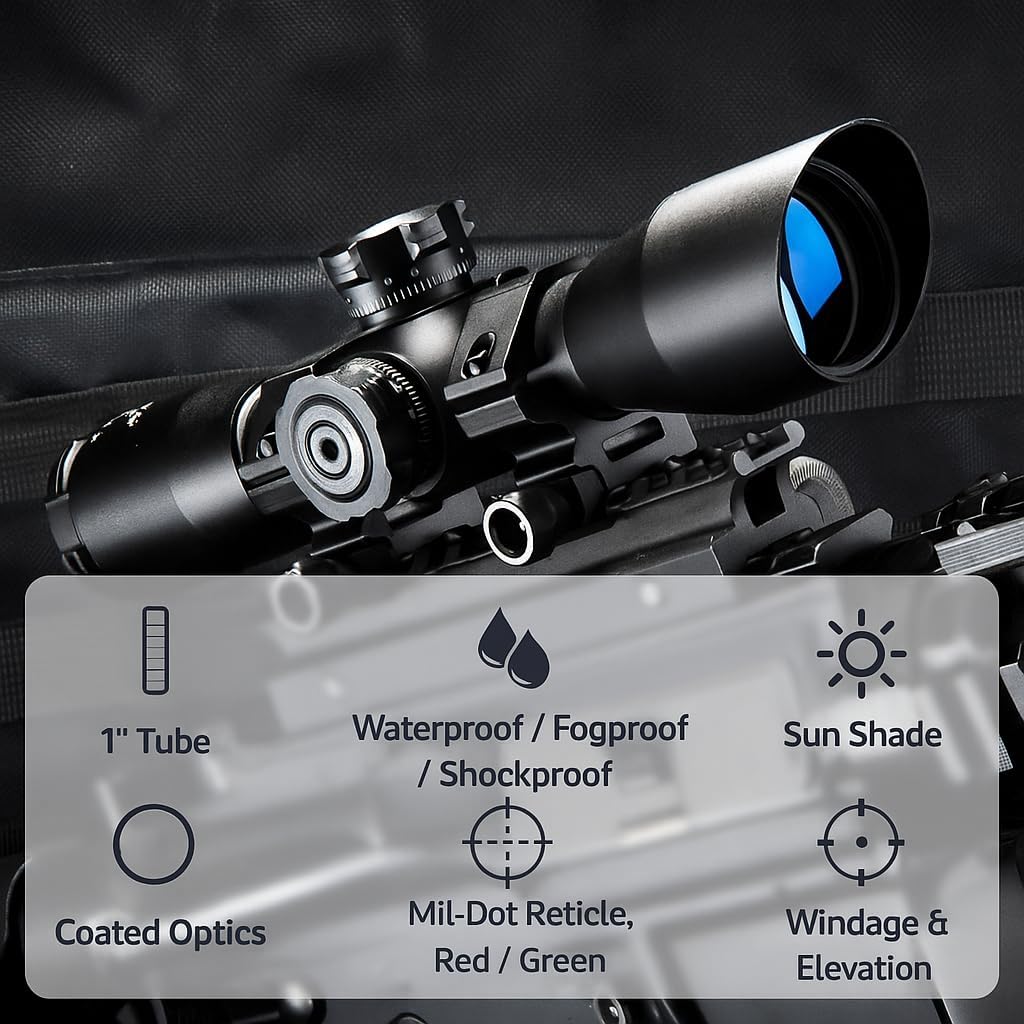 Barska Compact Rifle Scope with Red/Green Illuminated Mil-Dot Reticle – Side Rheostat, Sunshade, Flip-Up Caps, External Turrets, Waterproof/Fogproof