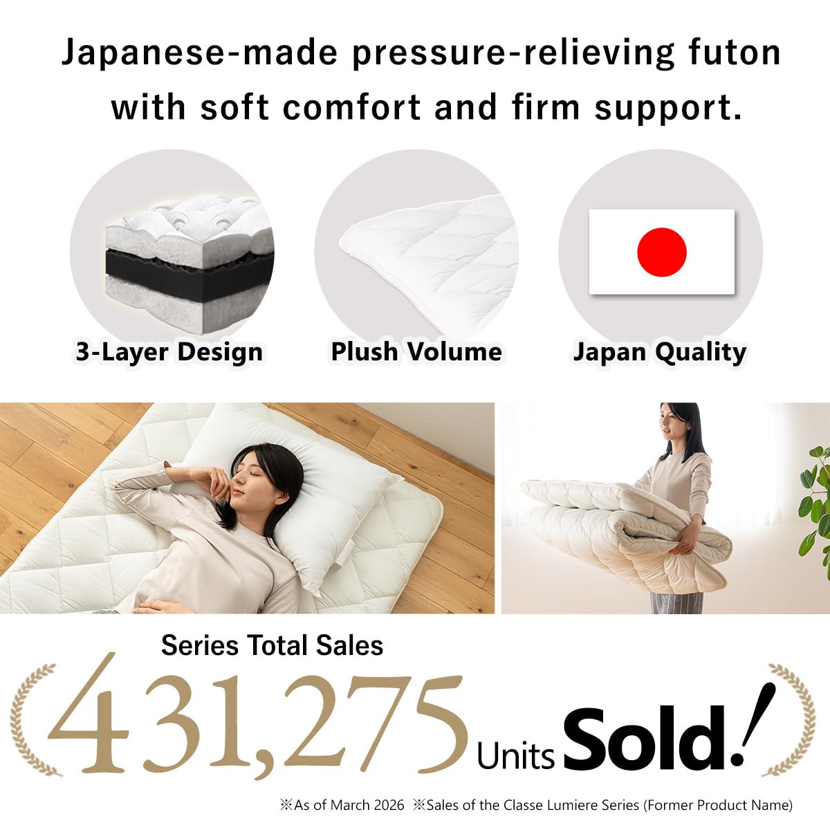 EMOOR Matelas Futon Japonais Premium Classe 90 x 200 cm, Pliable, pour Couchage Traditionnel au Sol, en Coton
