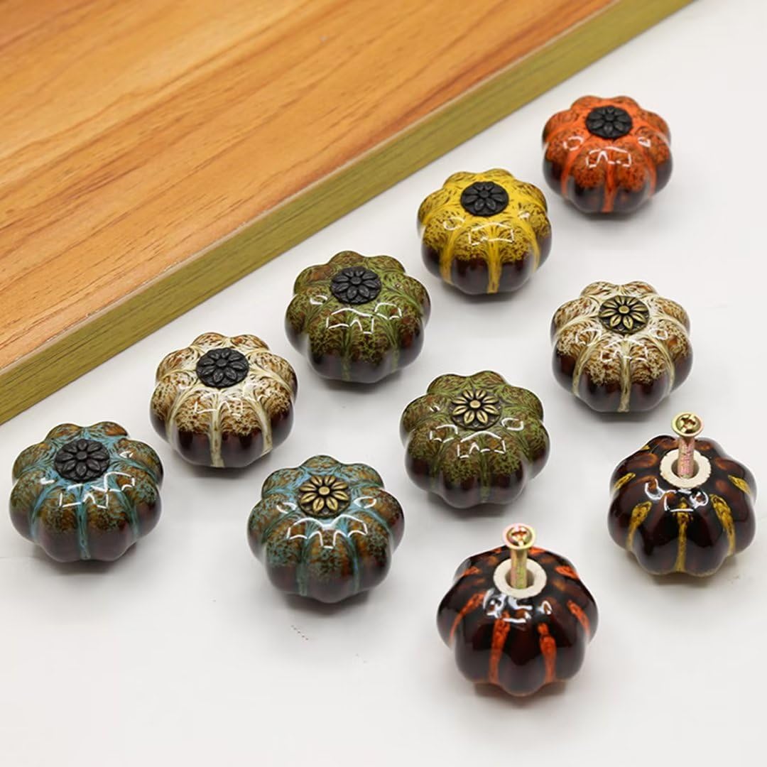 10pcs Ceramic Door Knobs Vintage Pumpkin Cabinet Drawer Pulls Cupboard Handles Furniture Home Decoratin Black