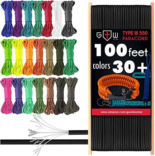 Grand Way Paracord 100 ft - Type III Black Paracord 550-4mm Nylon Rope Mil-Spec para Cord - Camping Rope Hiking Fishing Survival Parachute Cord - Outdoor Hammock 550 Paracord 016