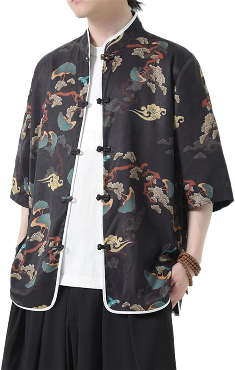 Men's Shirt Vintage Chinese Summer Loose Iced Silk Short Sleeve Tops