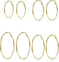 HinJaty 4 Pairs 14K Gold Plated Hoop Earrings Set for Women - Hypoallergenic Stainless Steel 30/40/50/60mm Big Thin Lightweight Hoops