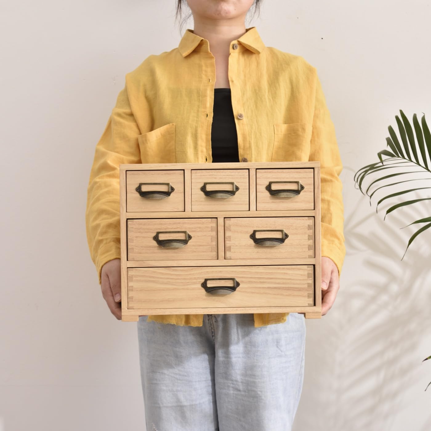 KIRIGEN Schubladenbox, Mini-Kommode, Schreibtisch-Organizer, Natur | 6 Schubladen, Paulownia-Massivholz, 35,7 x 14,2 x 28,1 cm, handgefertigt, fertig montiert, Zapfenverbindungen, mit Pflanzenöl