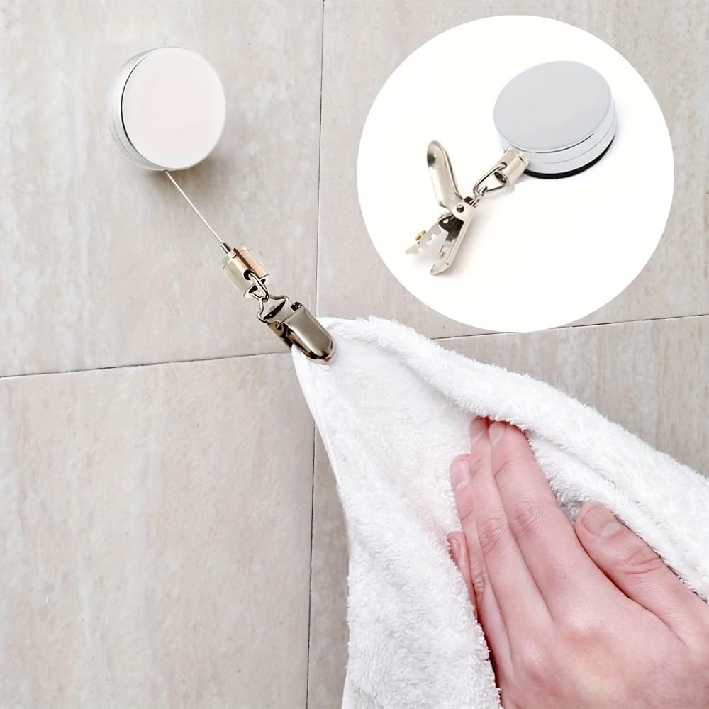 Automatic Retractable Towel Rack - No-Drill Self-Adhesive Wall-Mounted Hand Towel Holder, Automatic Rebound with Strong Clips, Adjustable Tension Bathroom Kitchen Organizer & Hotel Use(Pack of 1)-image-36