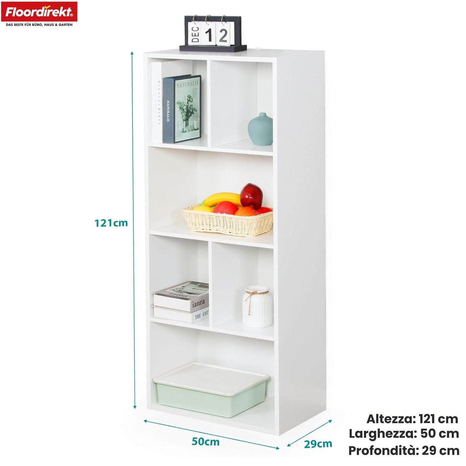 Floordirekt Libreria, scaffale bianco con 6 scomparti, 29 x 50 x 121 H, divisorio per cameretta dei bambini, soggiorno, ufficio e camera da letto (California)