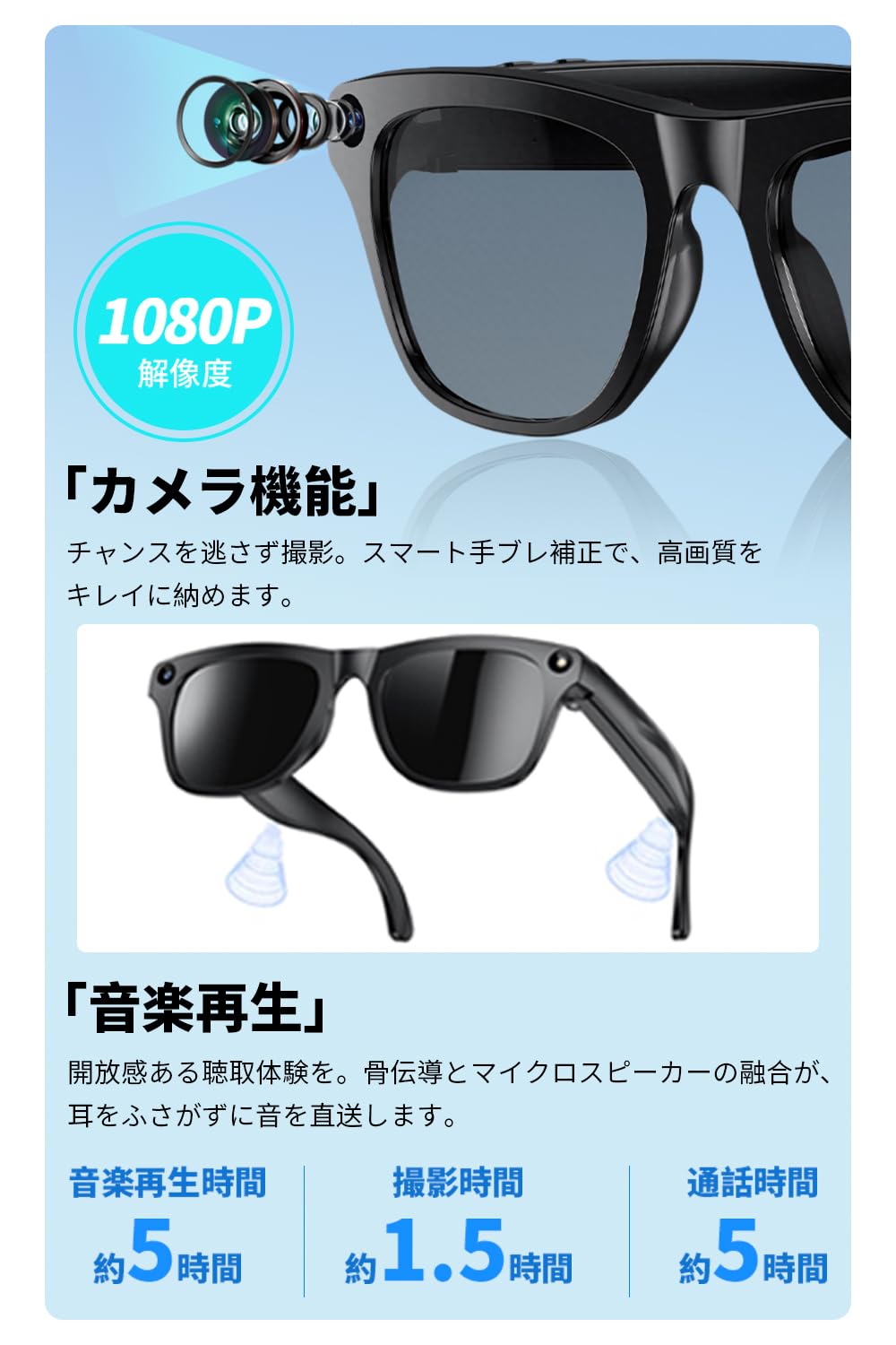 Amazon | 【2026最新 AI搭載】スマートグラス カメラ内蔵 1080P静止画 