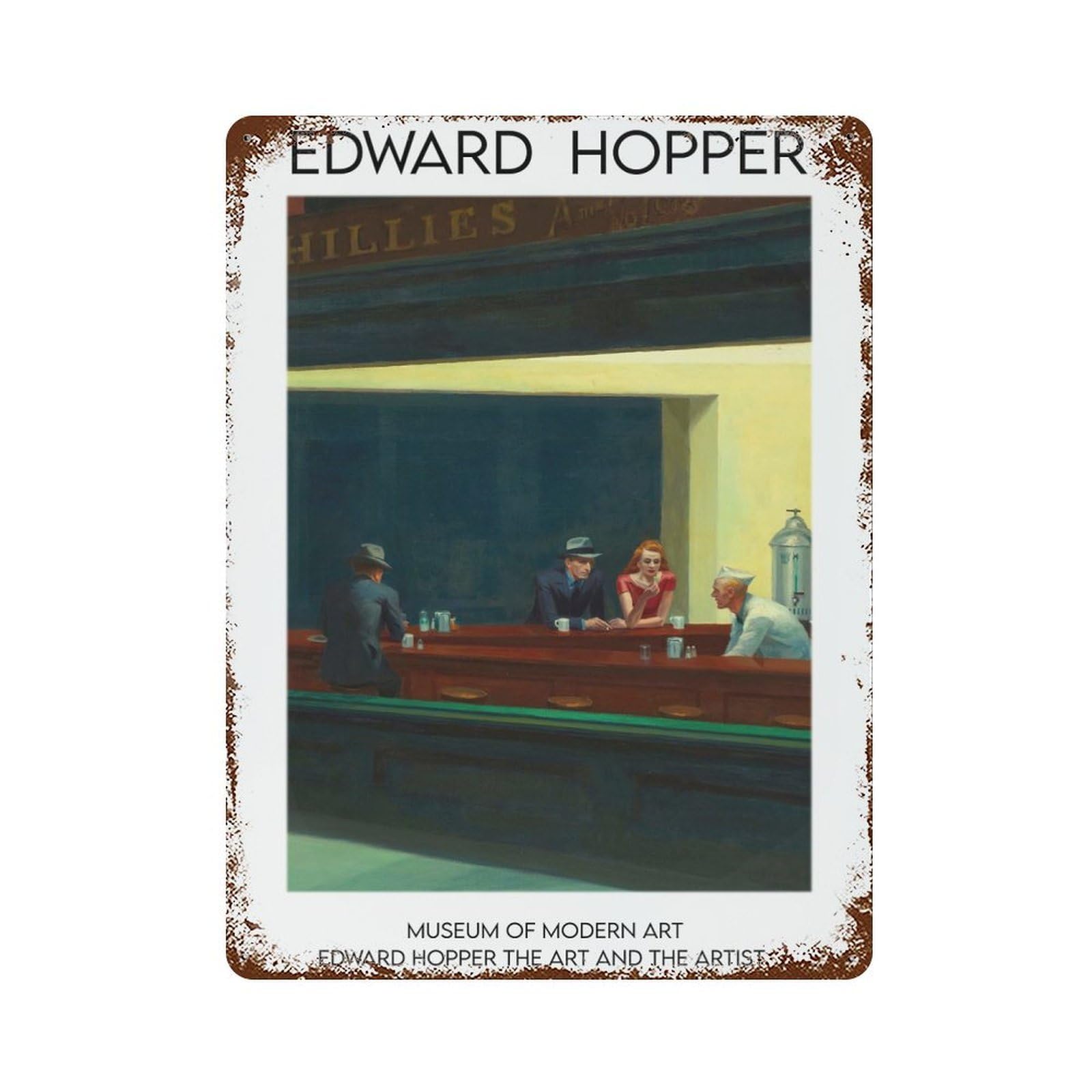 Nighthawks by Edward Hopper Rust Effect Tin Sign 15.7"x11.8", Retro Wall Decor for Patio, Garden Room And Bar Decor