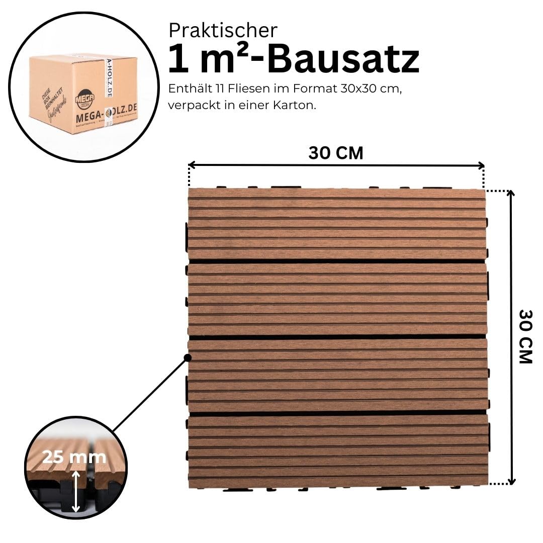 Mega Holz WPC Terrassenfliesen Braun - Bodenfliesen mit Klicksystem für Balkon, Wintergarten und Terrasse - Wetterfester Bodenbelag als 30x30 cm große Fliesen - Wetterfest (2m² - 22 Fliesen)
