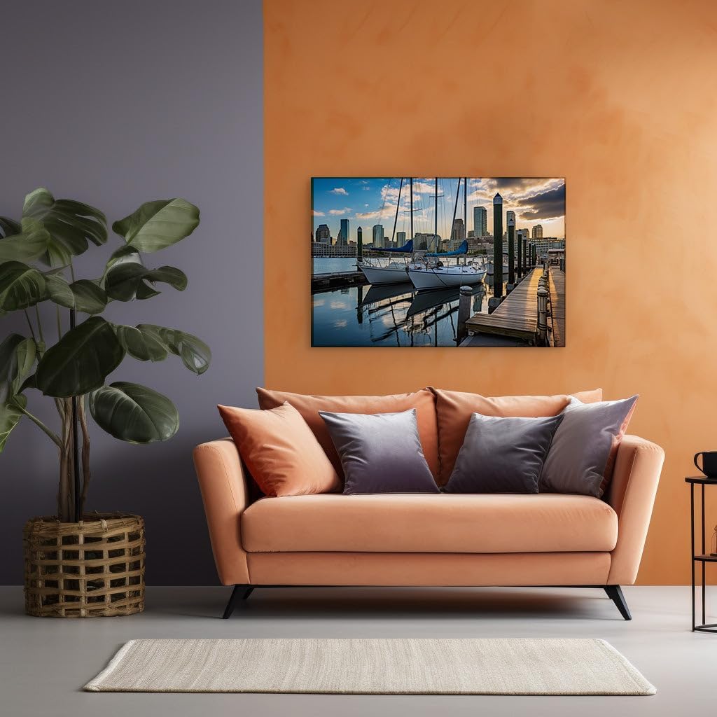 Canvas for Living room. Sailing into Serenity: Docked Dreams at Dusk against the City Skyline, 27 x 18 inch Canvas Wall Art - Contemporary Masterpieces - Modern Home Decor
