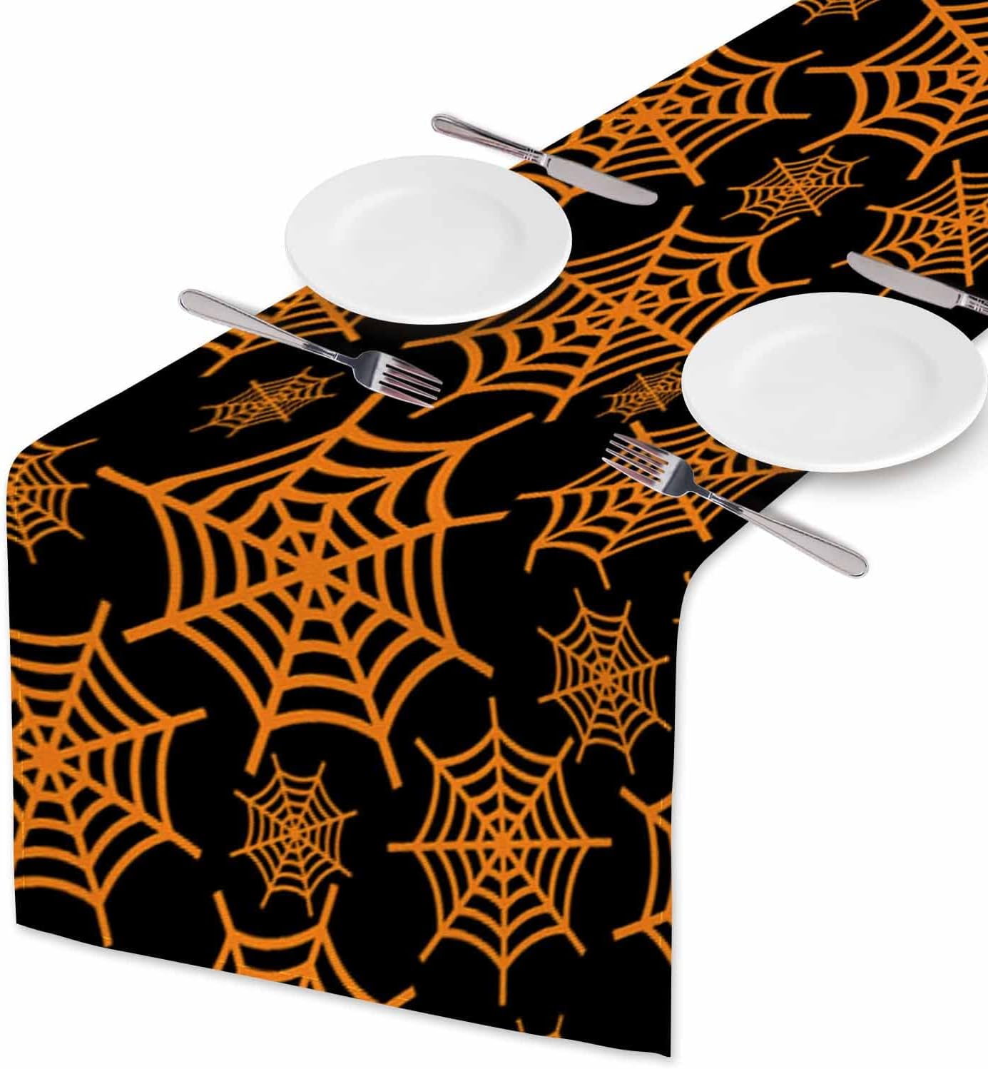 HOSNYE Table Runner Orange Halloween Cobweb,Cotton Linen