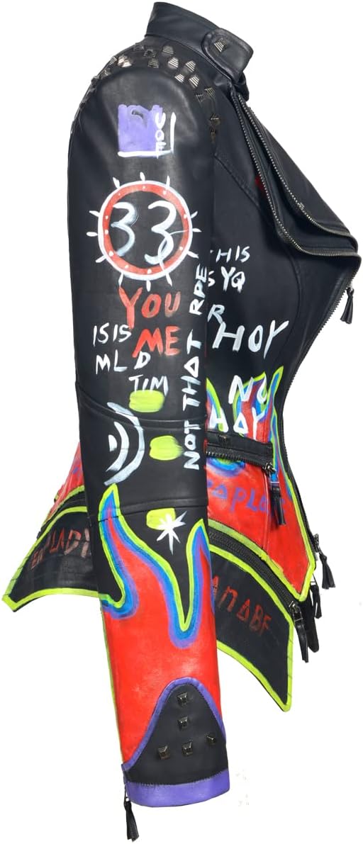 FUYUAN Women's fashion studs perfectly shaped artificial leather jacket graffiti punk motorcycle jacket - Image 3