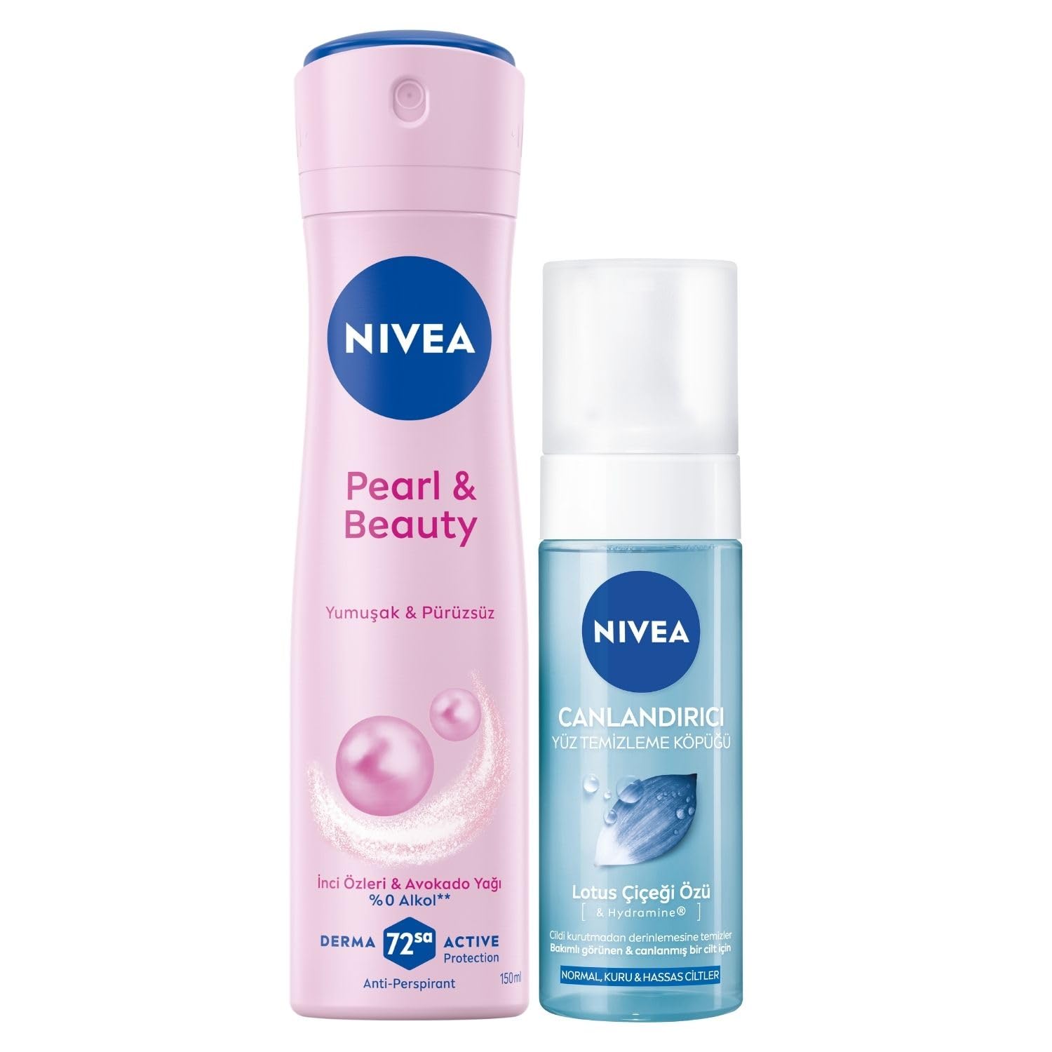 NIVEA Kadın Sprey Deodorant Pearl&Beauty 150 ml+ NIVEA Yüz Yıkama Köpüğü Canlandırıcı, Normal Ciltler 150 ml