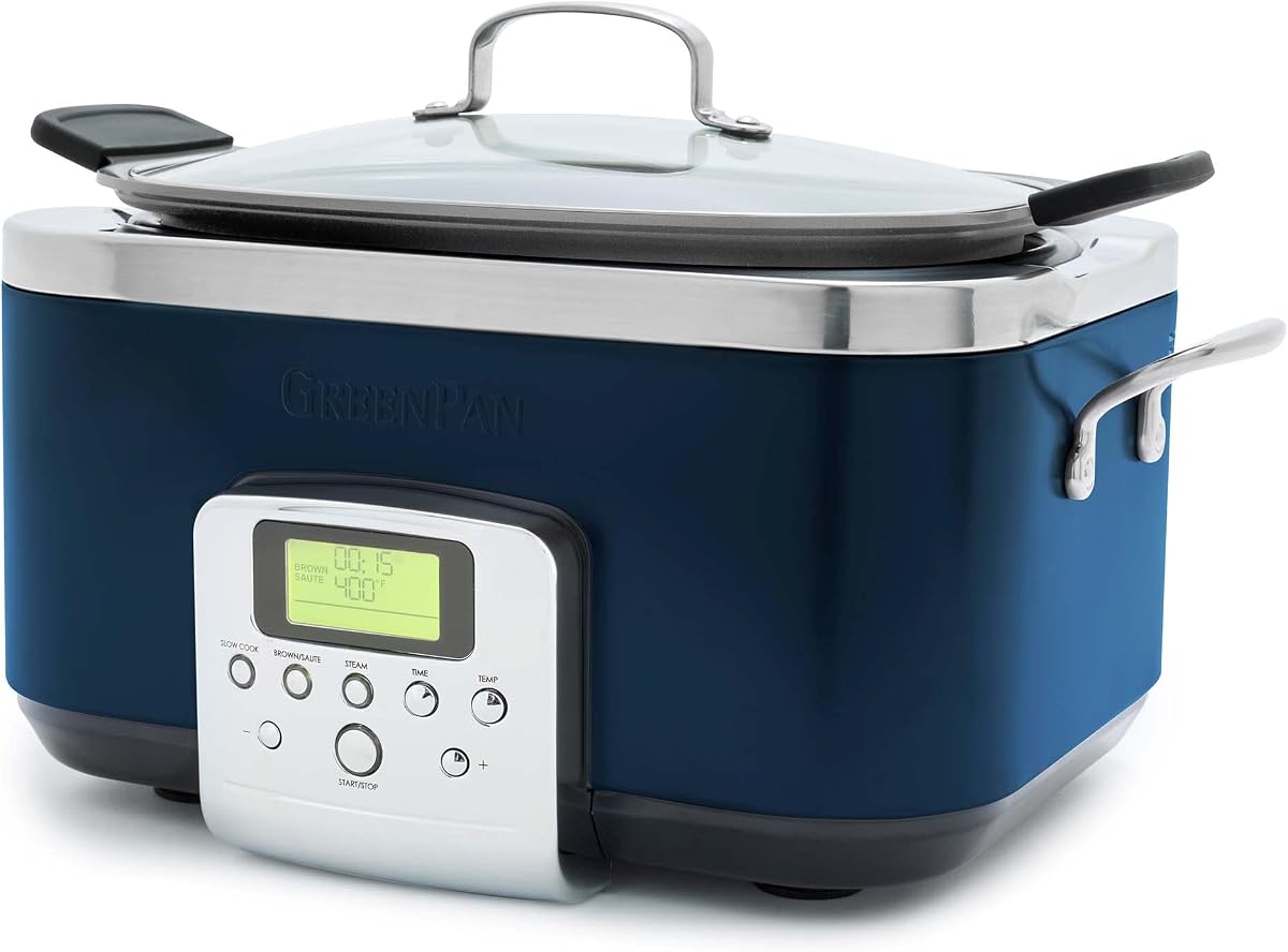 GreenPan Elite Olla de cocción lenta eléctrica programable 8 en 1 de 6 cuartos de galón, tapa apta para lavavajillas y vasija extraíble, olla de cocción múltiple antiadherente de cerámica saludable sin PFAS, dorar, saltear, dorar, canasta de vapor, asar, azul Oxford