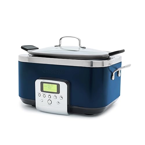 GreenPan Elite 8-in-1 Programmable 6QT Electric Slow Cooker,Dishwasher Safe Lid & Removable Crock, PFAS-Free Healthy Ceramic Nonstick Multi-Cooker,Sear, Sauté,Brown,Steam Basket,Roast, Oxford Blue - 6 Quarts - Oxford Blue