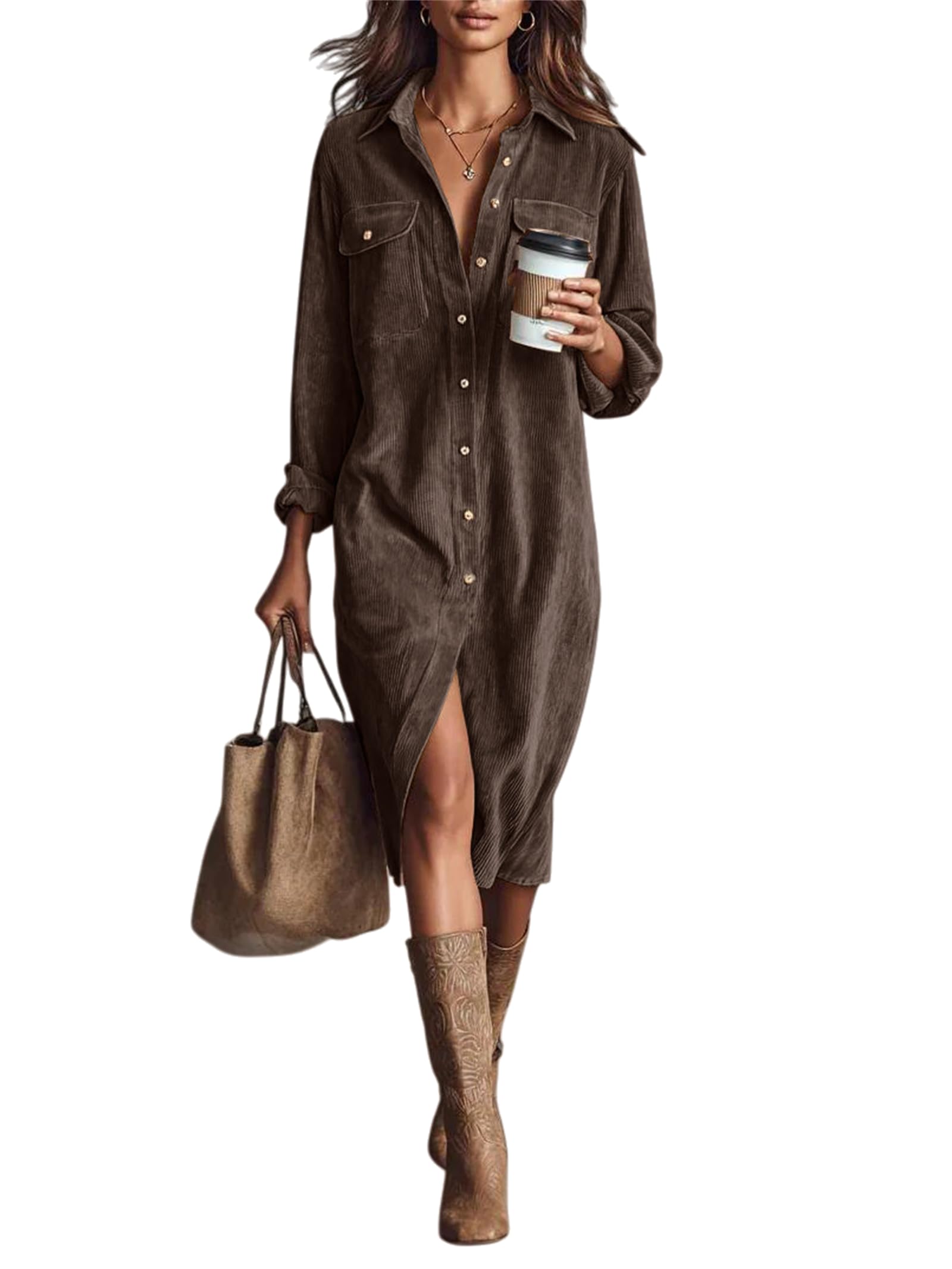 Vestido camisero de pana para mujer, estilo informal, con cuello de solapa, corte acampanado y plisado, marrón, XXL