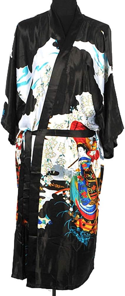 Shanghai Tone® Geisha Kimono Bath Robe Night Gown Knee-Length Black Bedroom One Size