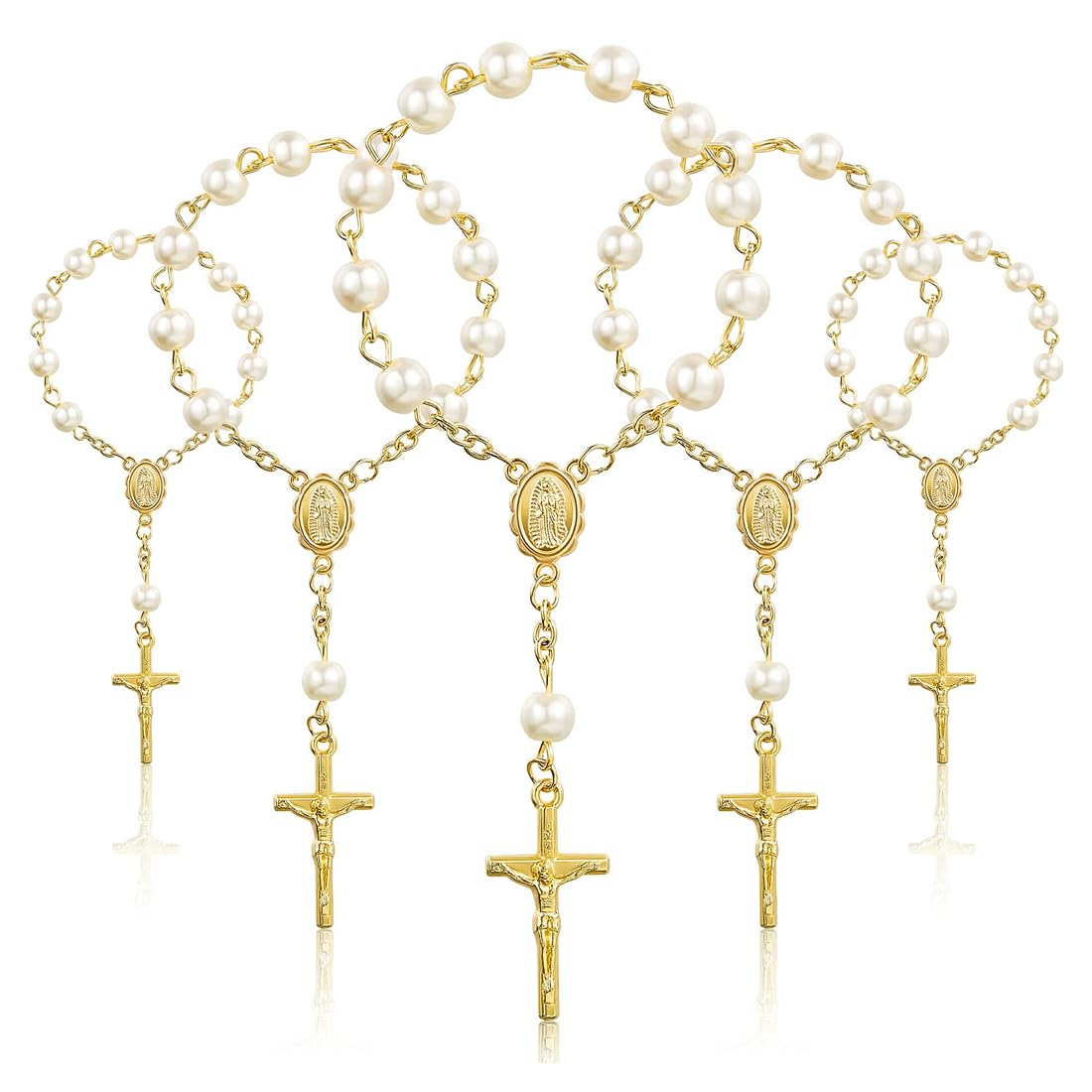 5 Piezas Rosarios de Bautismo, Mini Religiosos de Dedo con Cuentas de Perlas de Imitación, Recuerdos y Recordatorio, con Cruces para Pulseras, para Bautizo, Comunión, Boda, Fiesta (Oro)