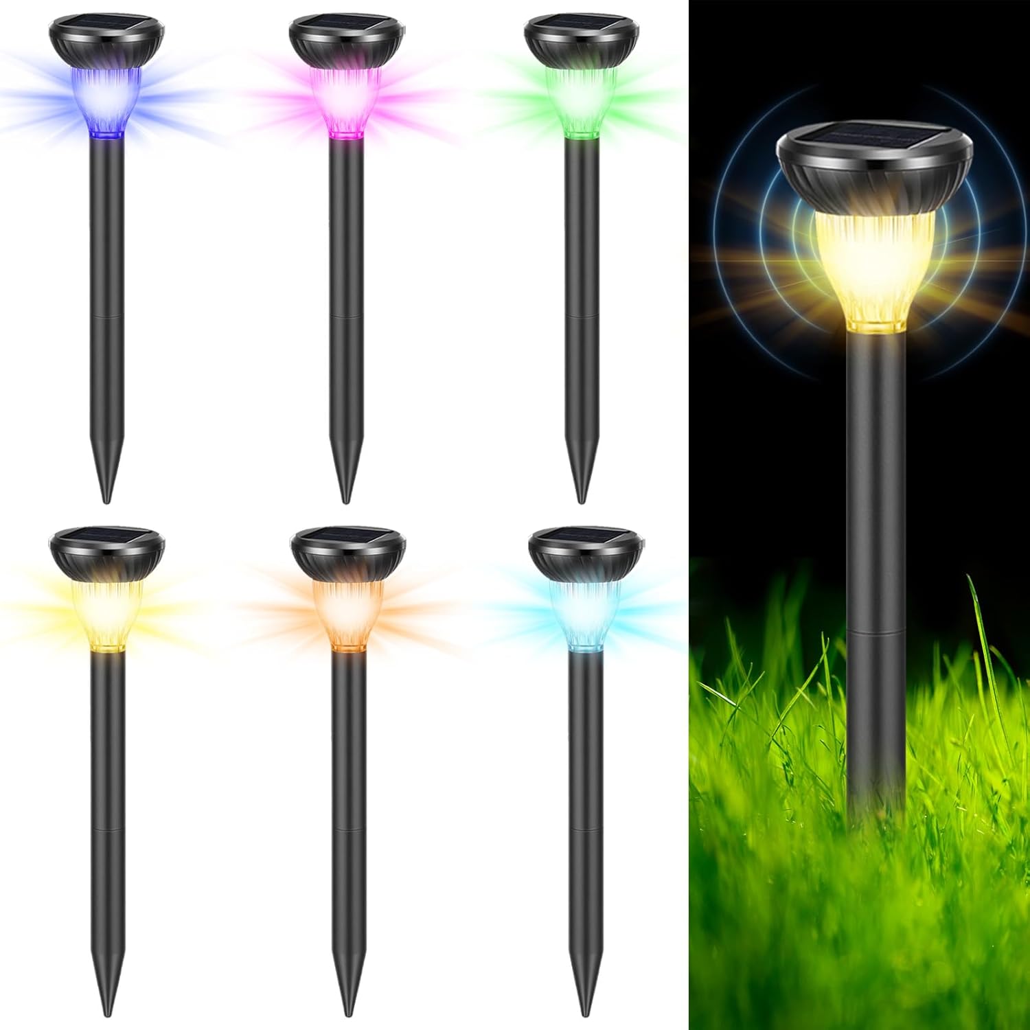 6 Pack Solar Ultrasonic Animal Repellent with RGB Color-Changing Lights, 360° Sonic Pest Deterrent for Outdoor Lawn & Garden, Solar Powered Mole, Gopher & Snake Repellent Stakes