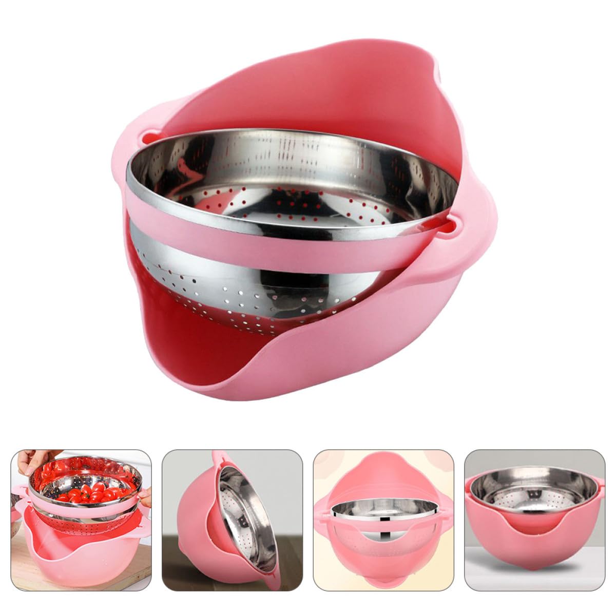 Baluue Verdicktes und Edelstahl mit Großem Fassungsvermögen Reiswaschsieb Doppeltem Design Praktisches Küchensieb in Rosa mit Rutschfesten Füßen für Spülbecken